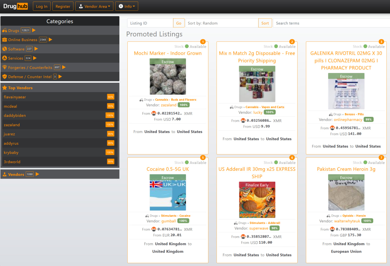 Drughub Onion archived user interface screenshot