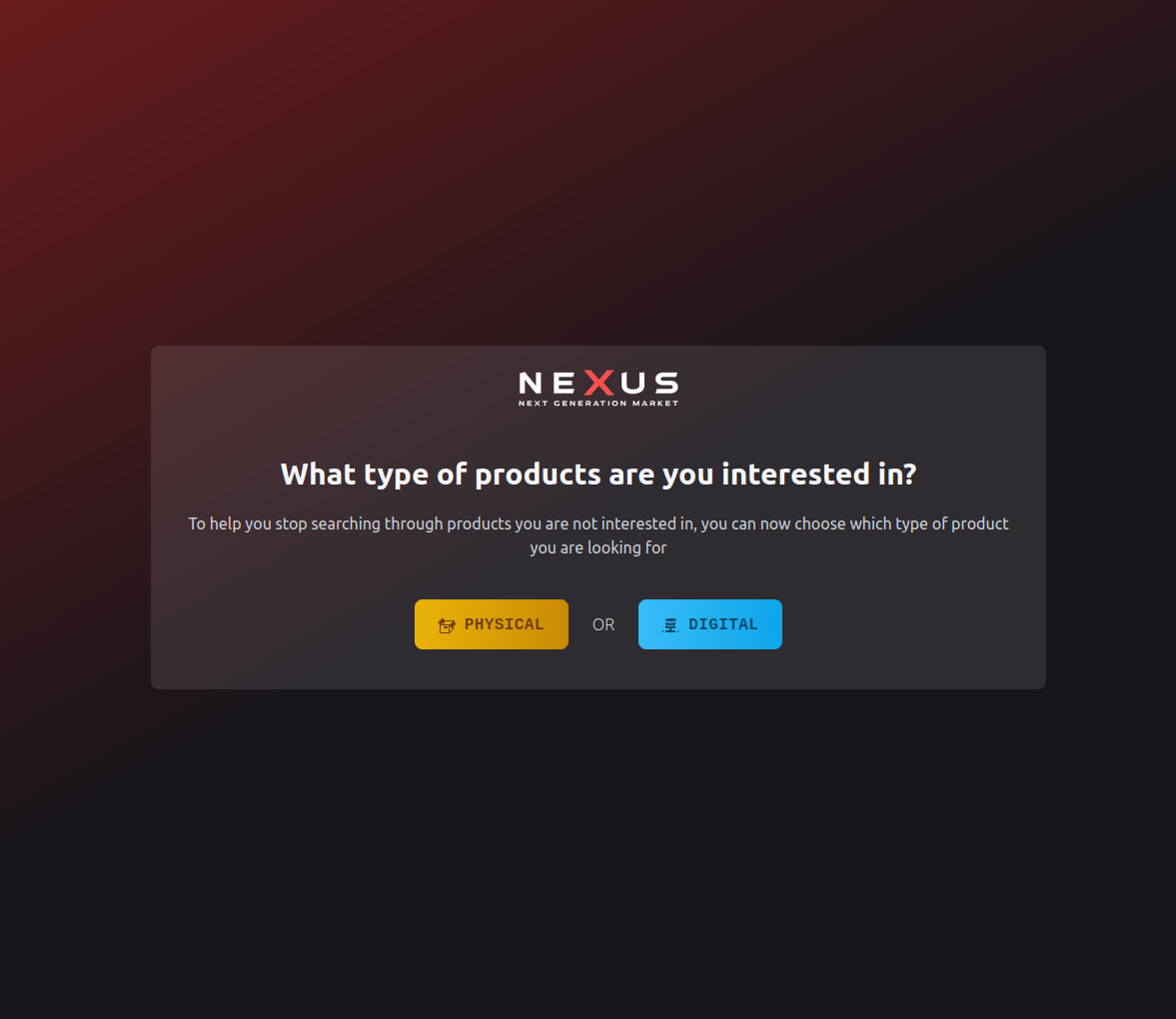 Nexus Darknet marketplace interface showing the main dashboard with product categories and user navigation