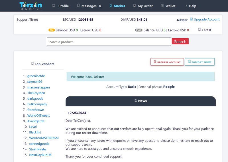Torzon Darknet archived user interface screenshot